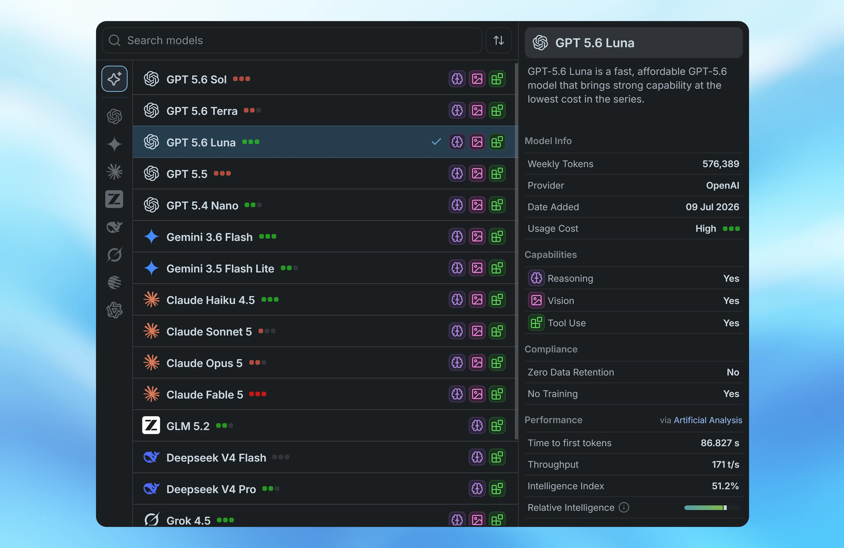 Screenshot of model selection