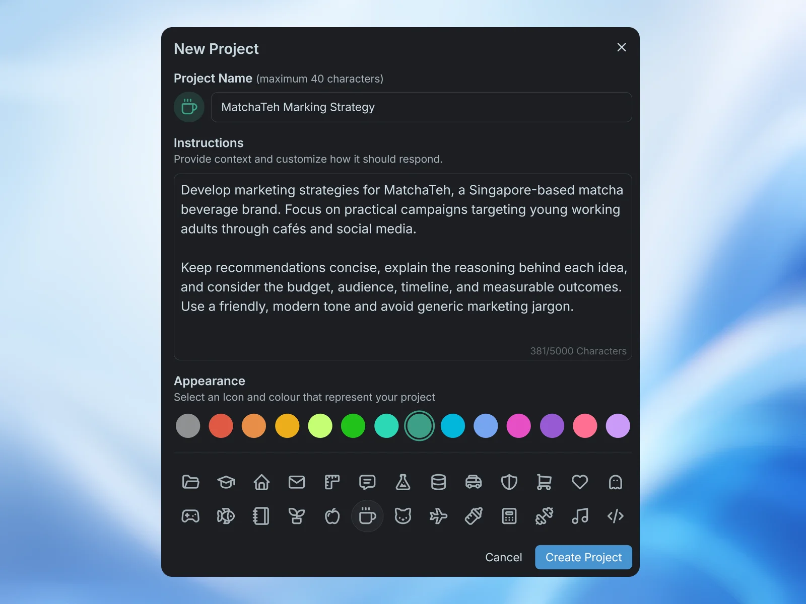 Create project interface