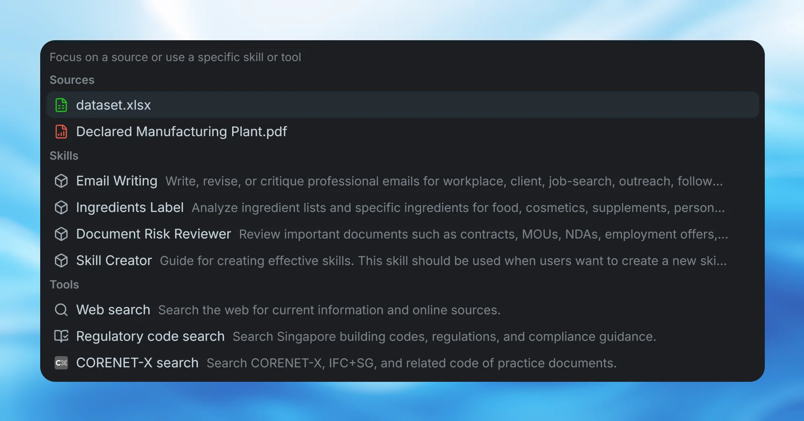 Screenshot of skills and tools mention in chat